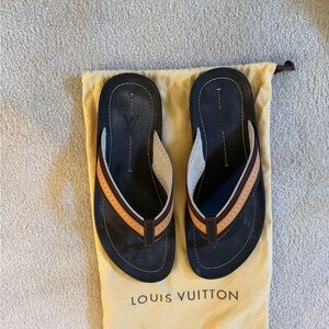 Louis Vuitton Black Footbed with Brown & Tan Straps Flip Flops